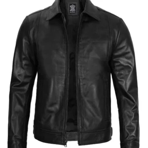 Men’s Real Leather Cafe Racer Jacket with Padded Shoulders