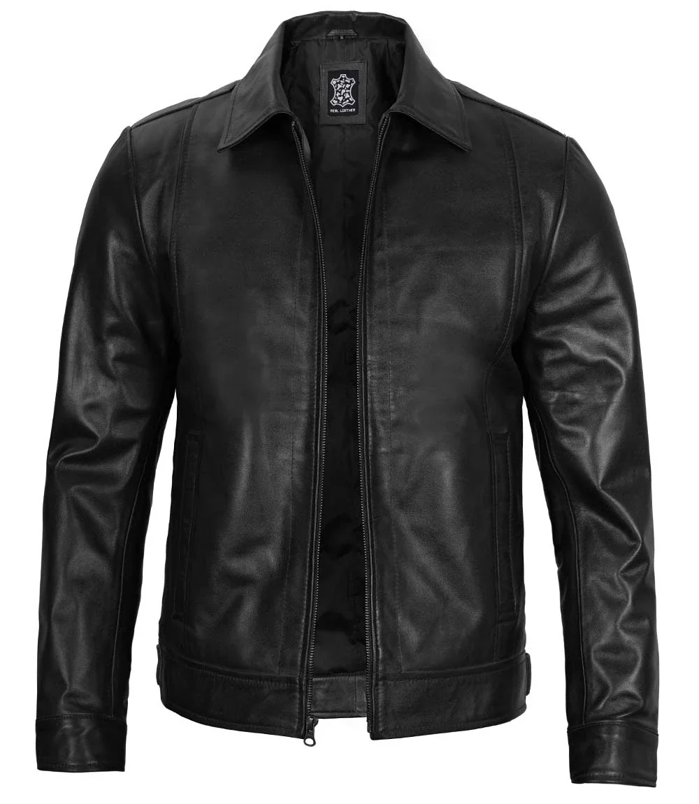 Men’s Real Leather Cafe Racer Jacket with Padded Shoulders