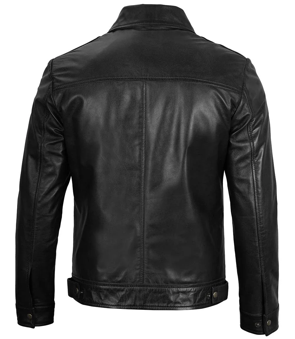 Men’s Real Leather Cafe Racer Jacket with Padded Shoulders - Image 2