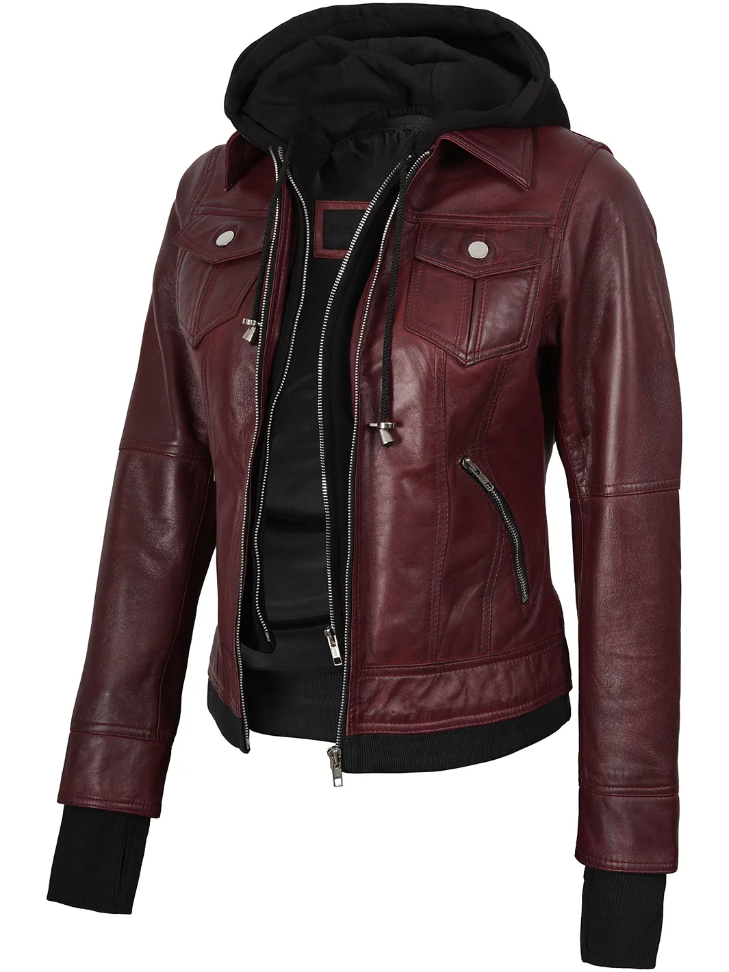 Real Leather Women’s Bomber Burgundy Jacket with Hood