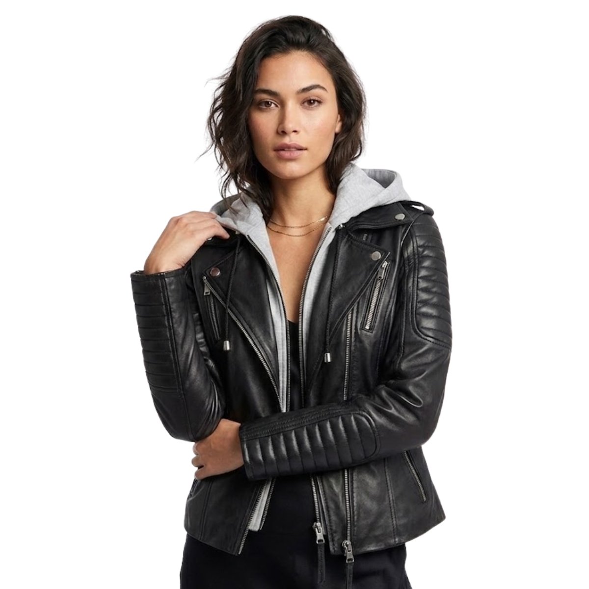 Bagheria Black Leather Biker Jacket With Removable Hood