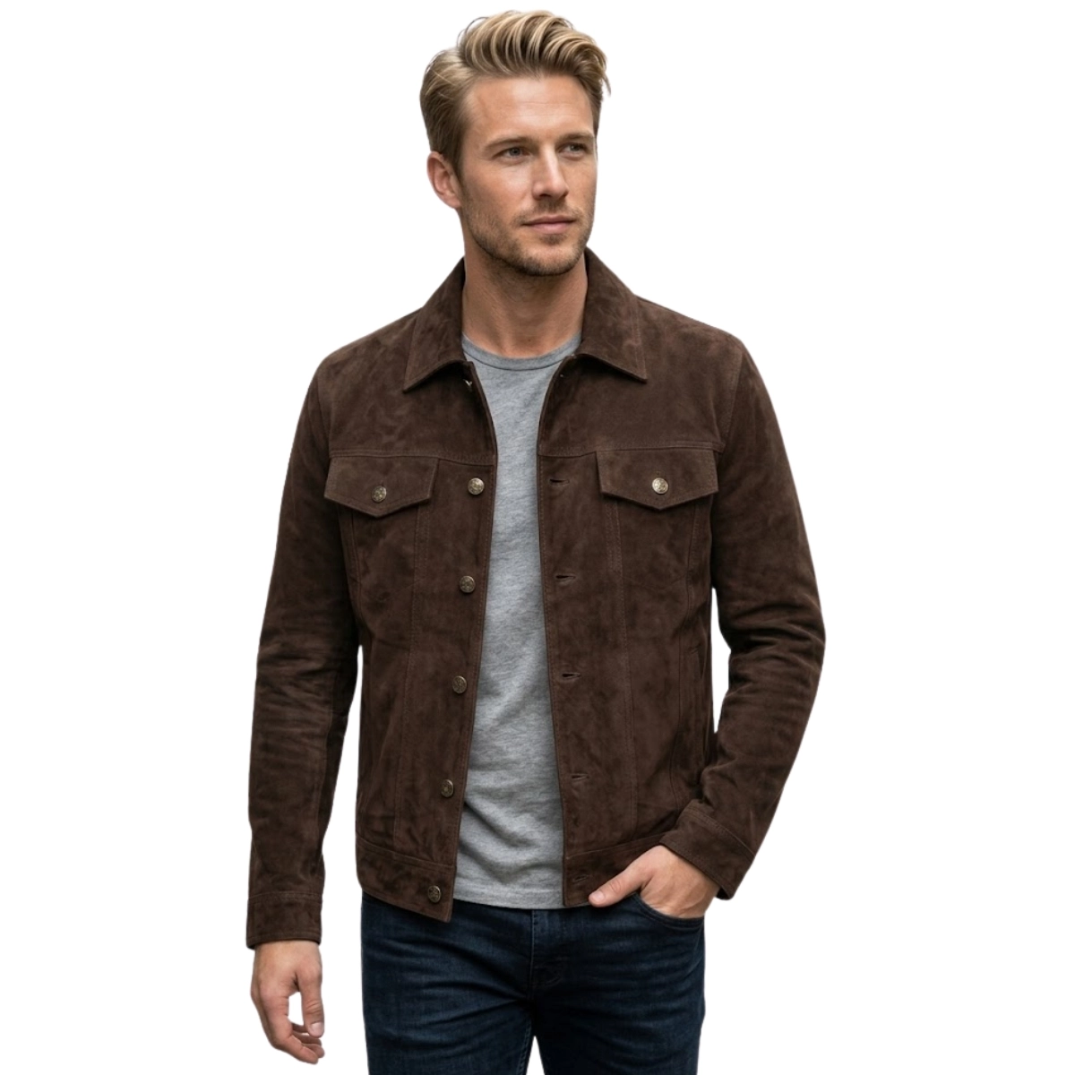 Dark Brown Suede Trucker Jacket