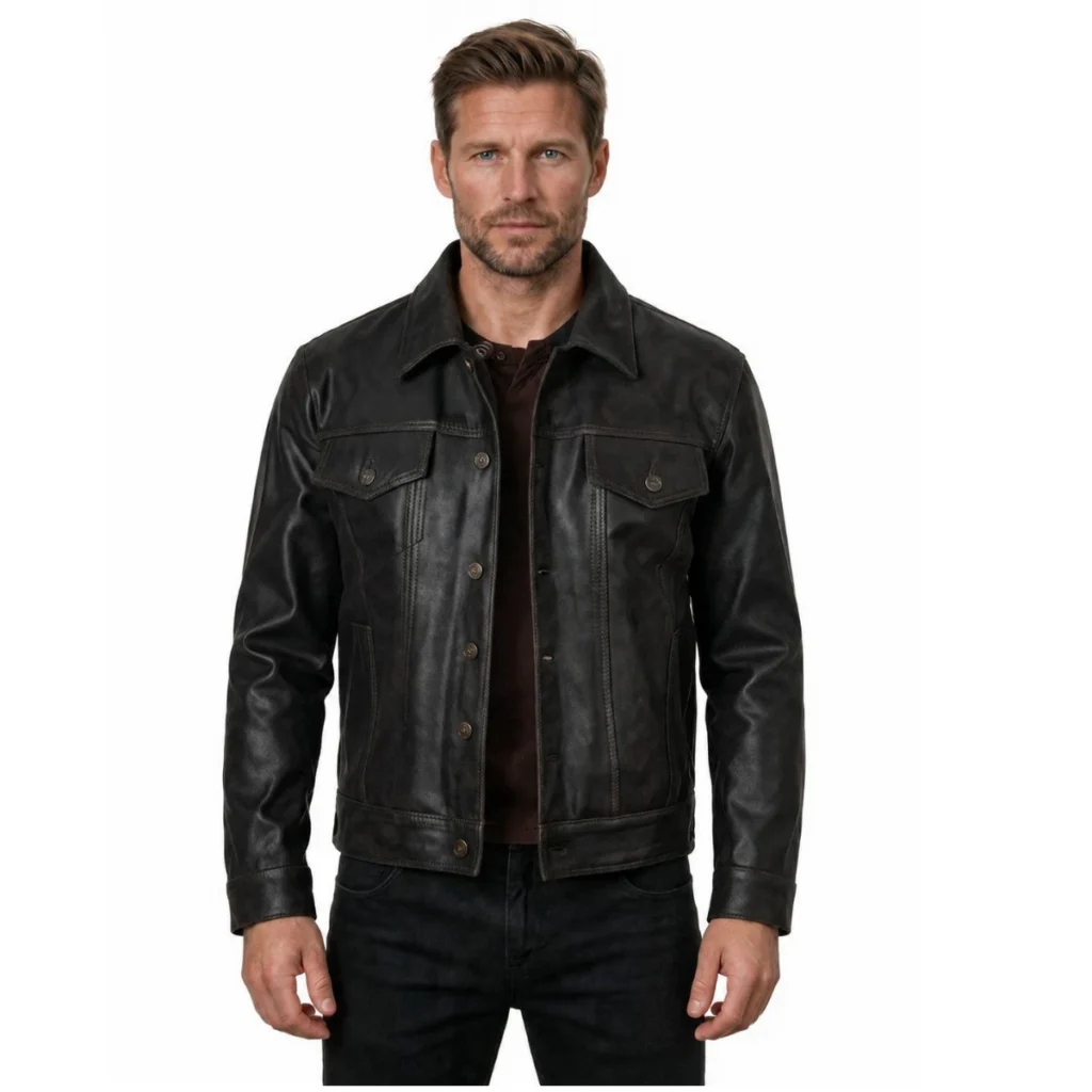 mens-dark-brown-leather-trucker-jacket