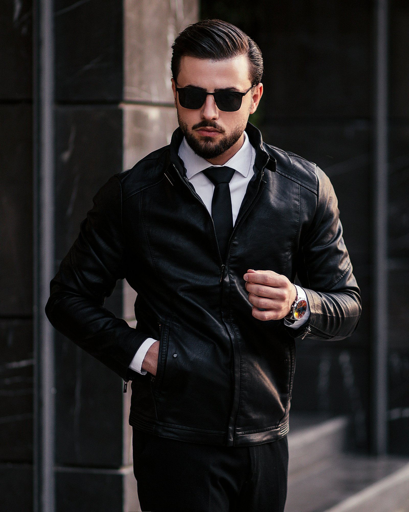Man Wearing Genuine Leather Jacket