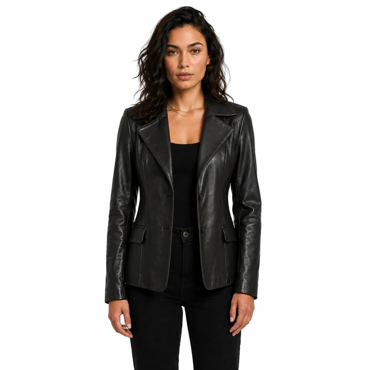 black-two-button-leather-blazer