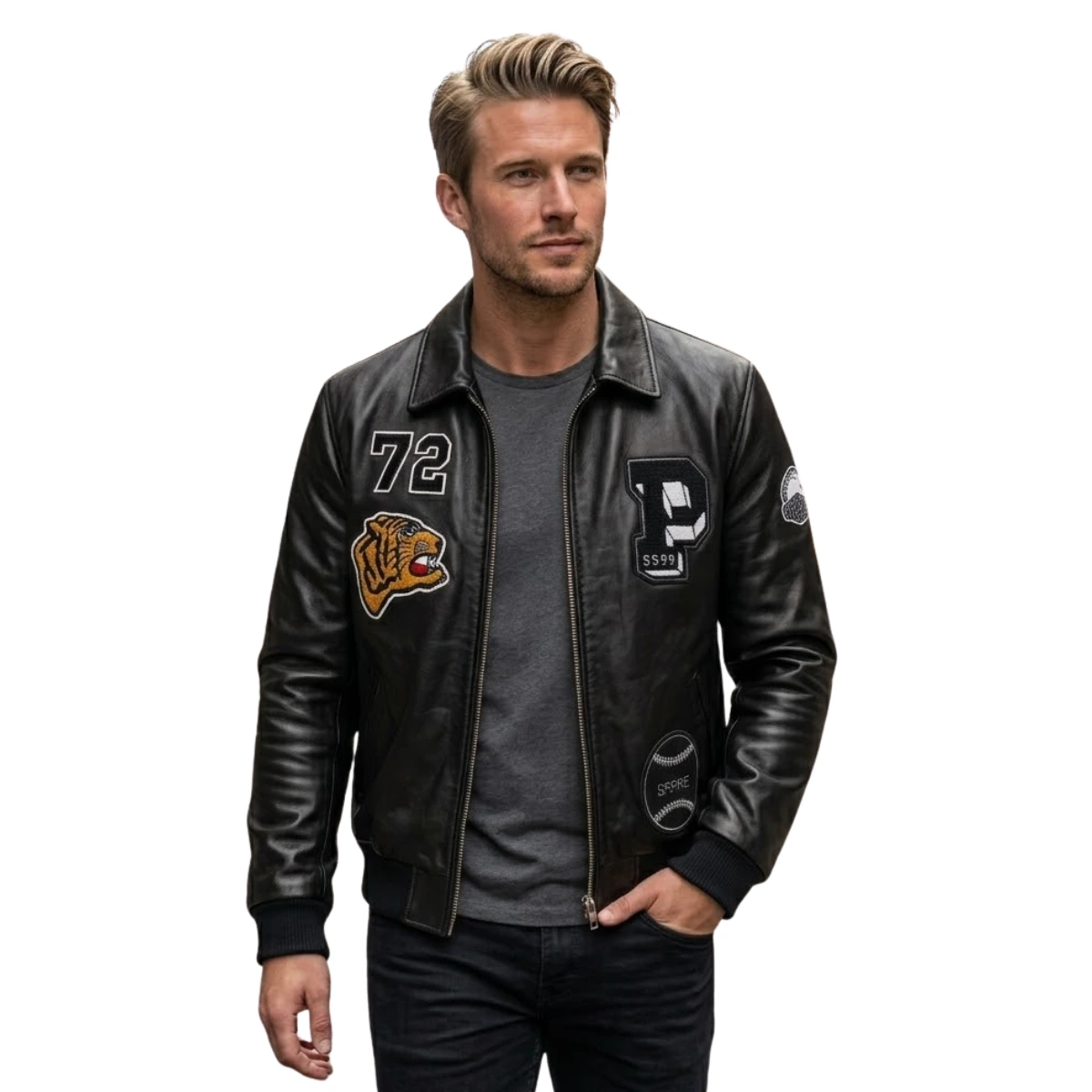 patched-black-bomber-leather-jacket